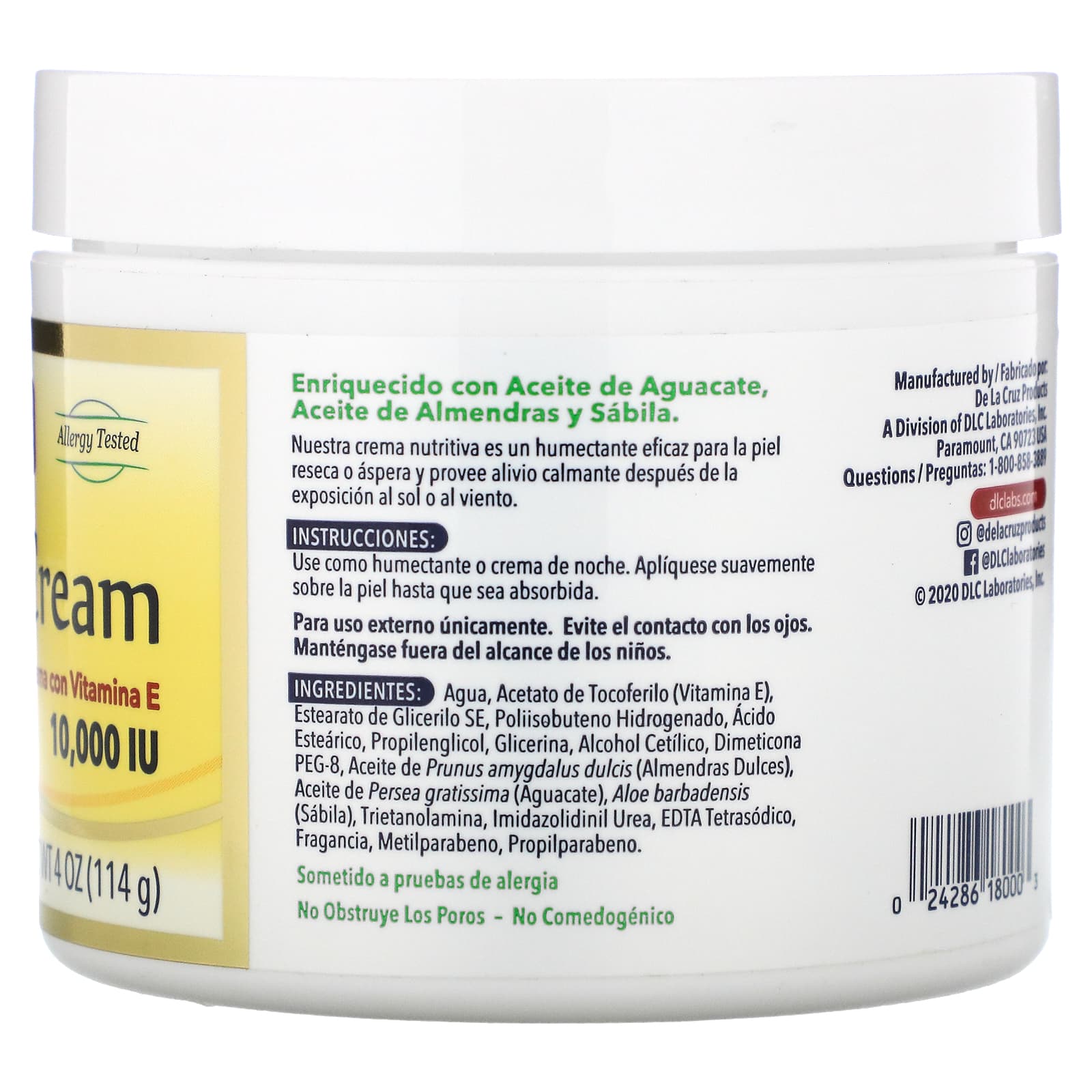 De La Cruz Vitamin E Cream skin moisturizer - 10,000 IU 4 oz (114 g)